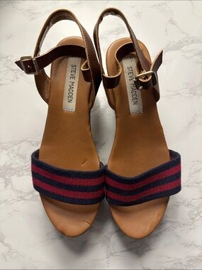 Steve Madden Brown Sandals with Navy and Red Striped Front Band